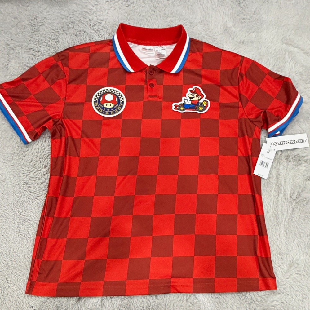Mario Kart Men's Red Mario Checkered Short Sleeve Polo Shirt - Size M - New